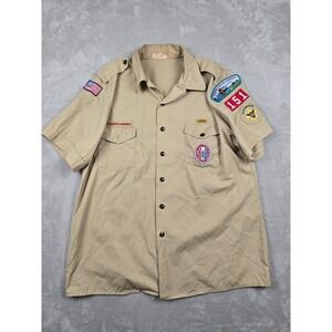 Boy Scouts of America Uniform Shirt Mens XL Tan Trapper Trails Council Patches